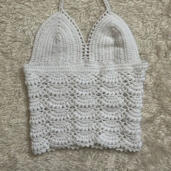 Handmade XS Crochet Cotton Halter Tank Top White Scallop Open Back - Picture 5 of 6